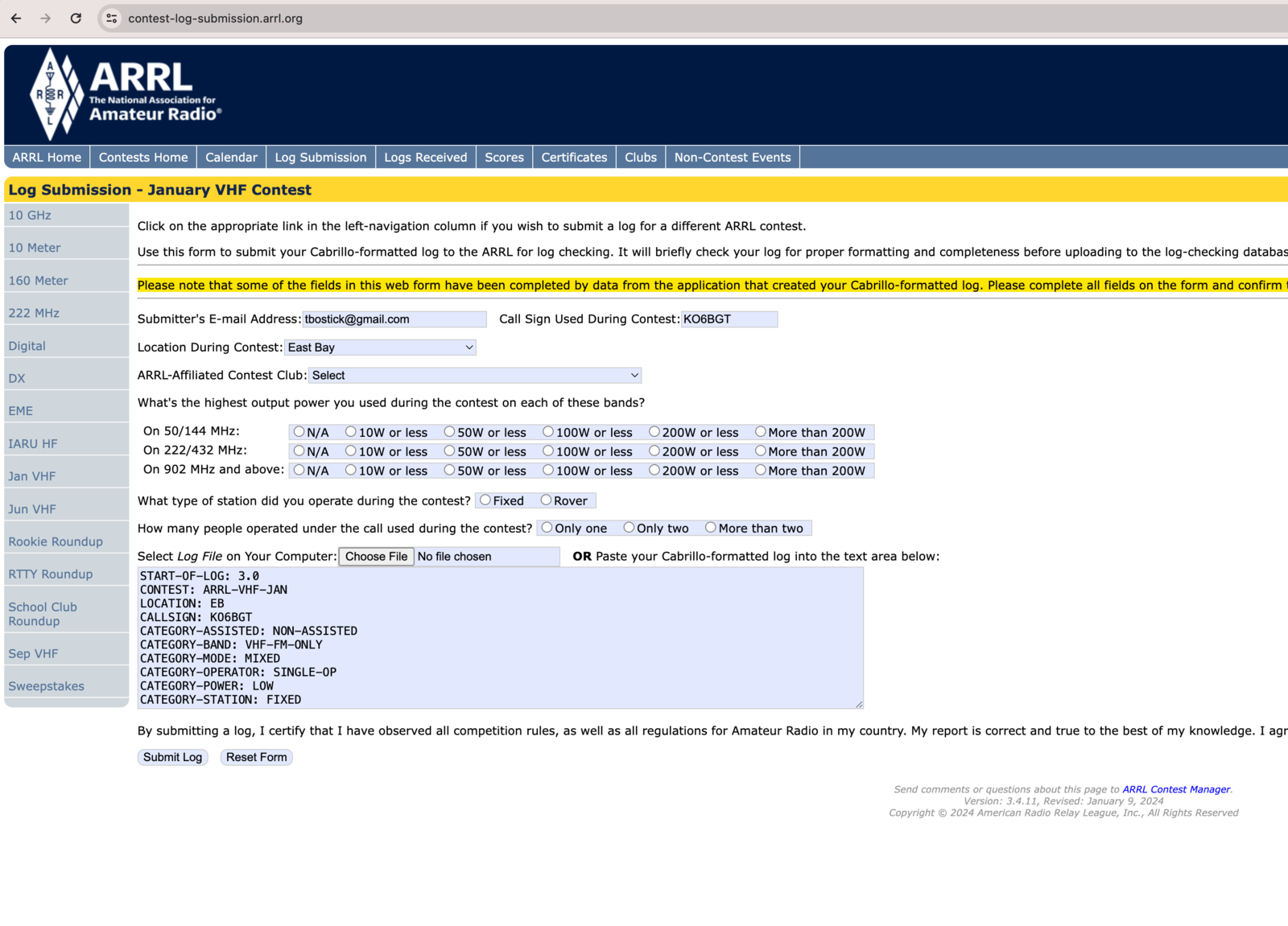 Submitting the Cabrillo log to ARRL