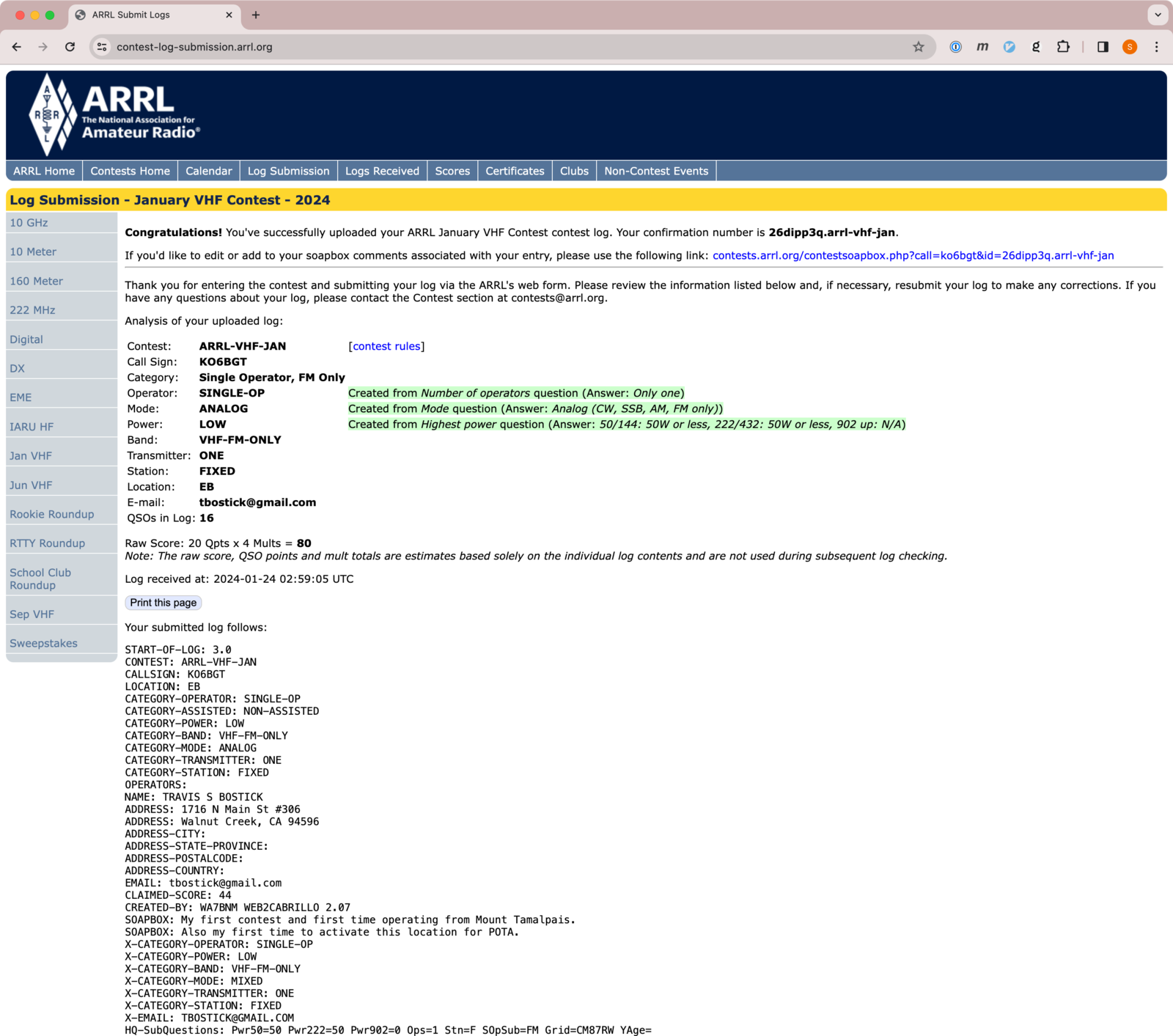 ARRL confirmation page 1