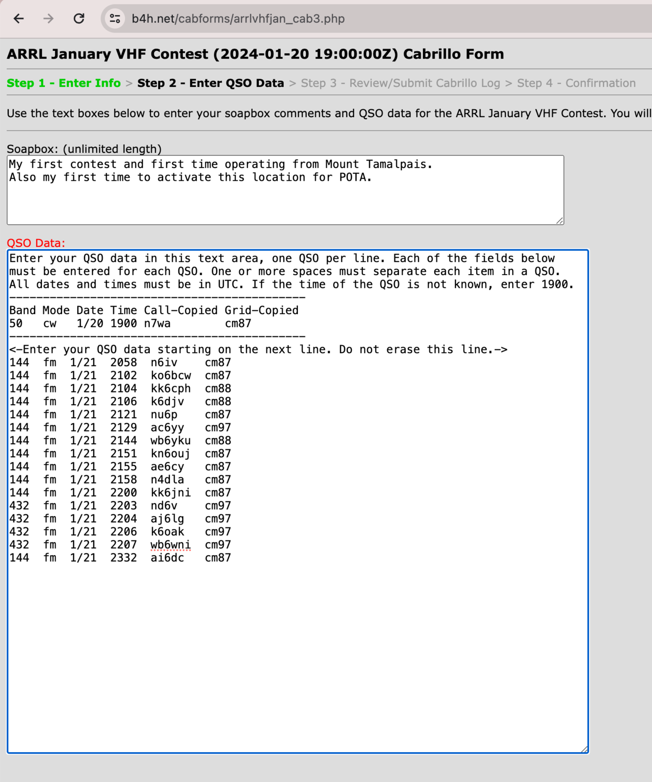 Manually entering QSO data into the Cabrillo log generator