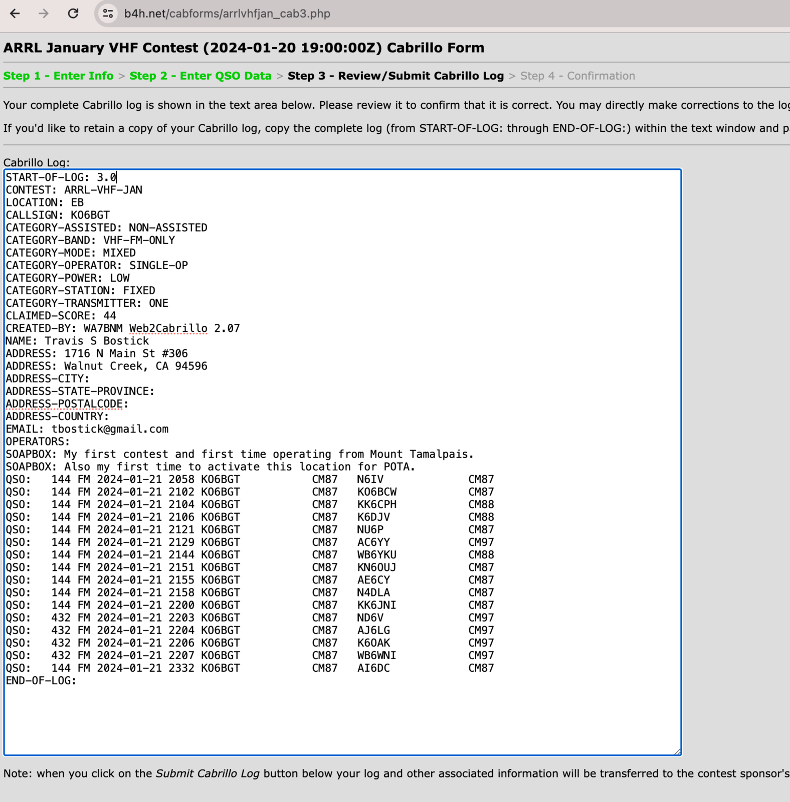 Reviewing the Cabrillo log output before submission