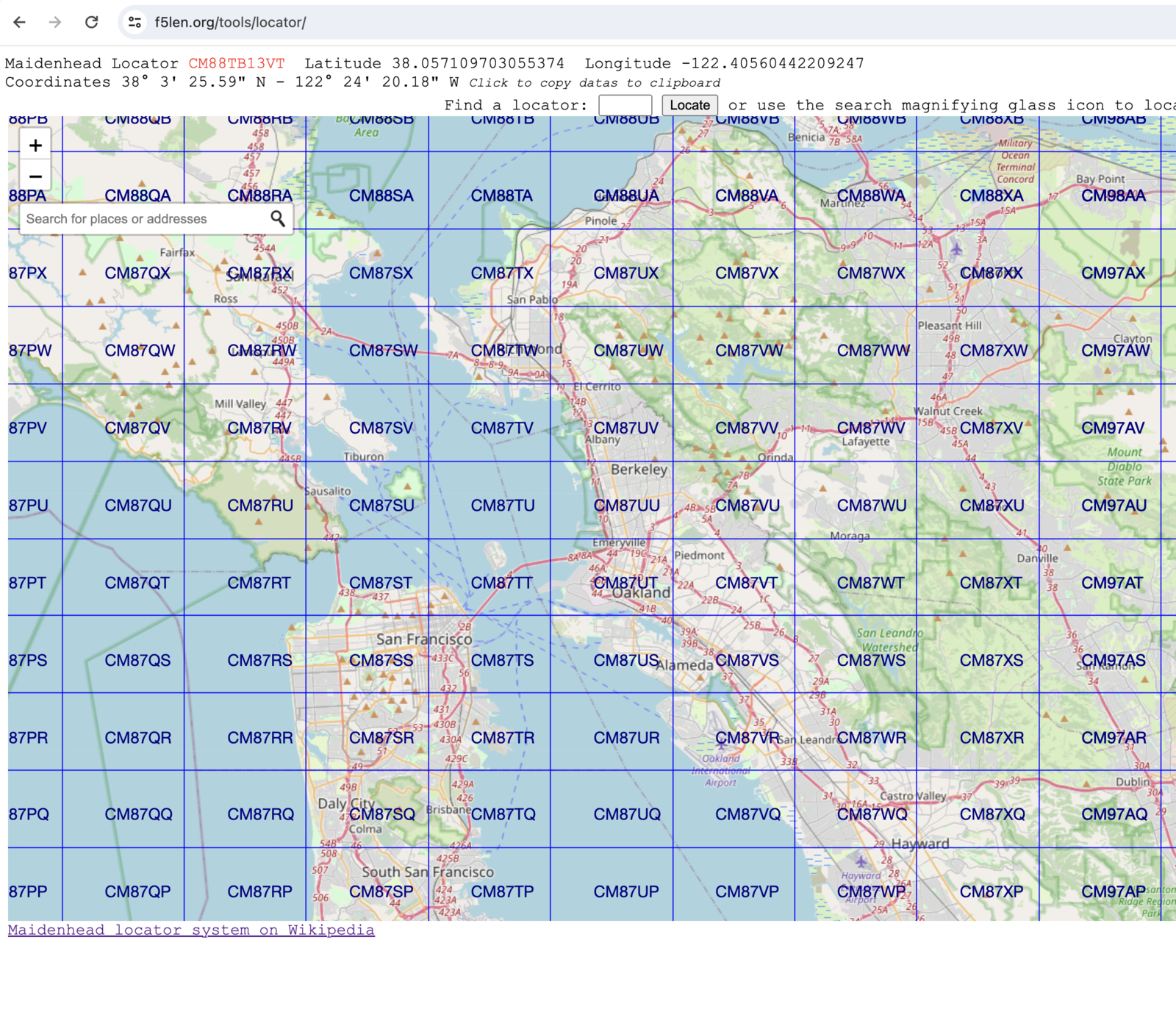 Maidenhead grid map overlaid on the Bay Area