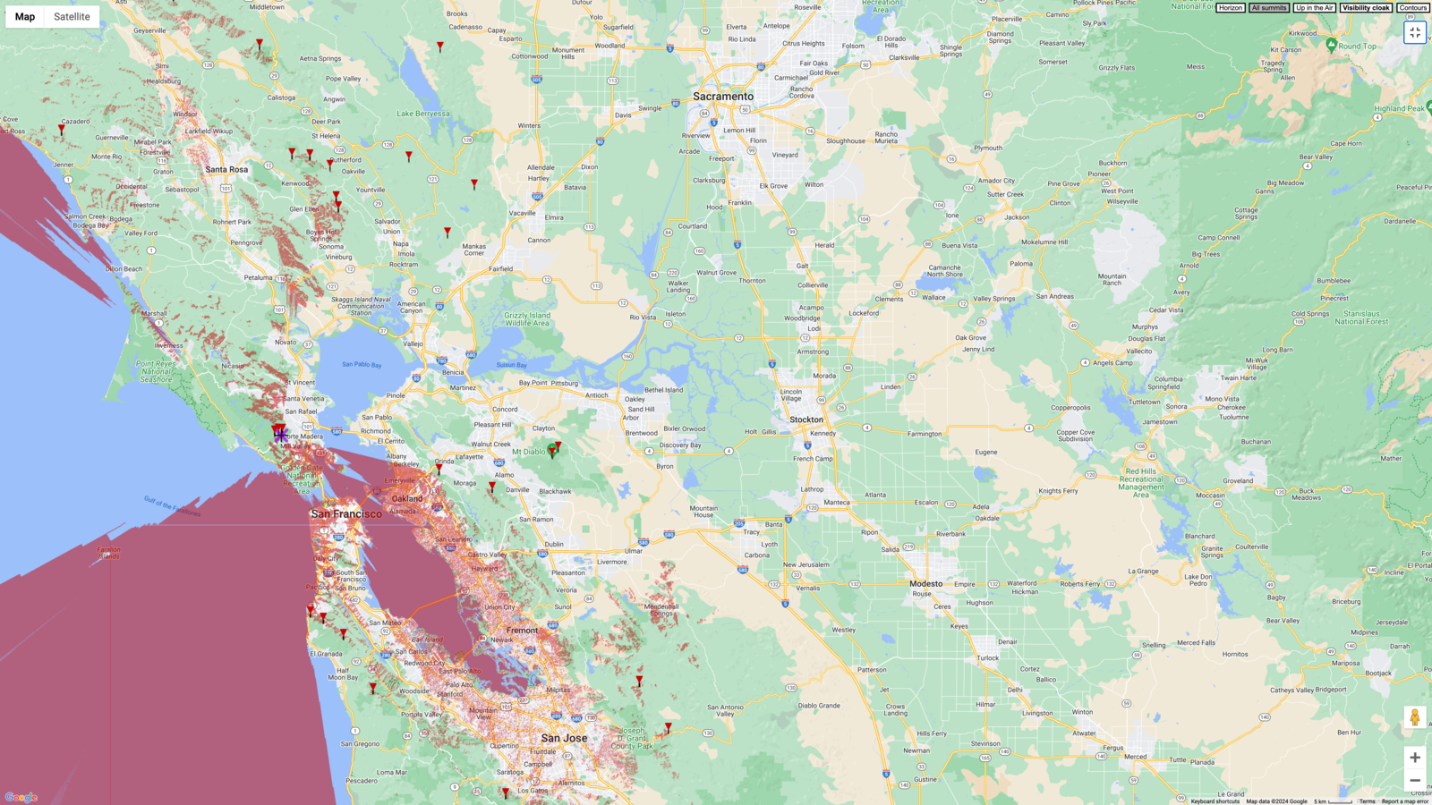 Line of sight map for East Peak Mount Tamalpais parking area