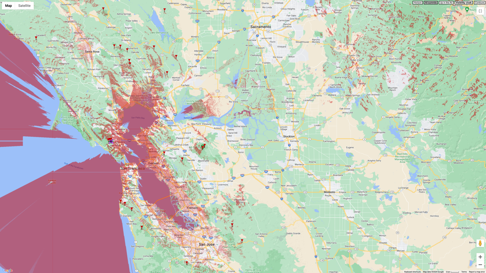 Line of sight map for East Peak Mount Tamalpais summit