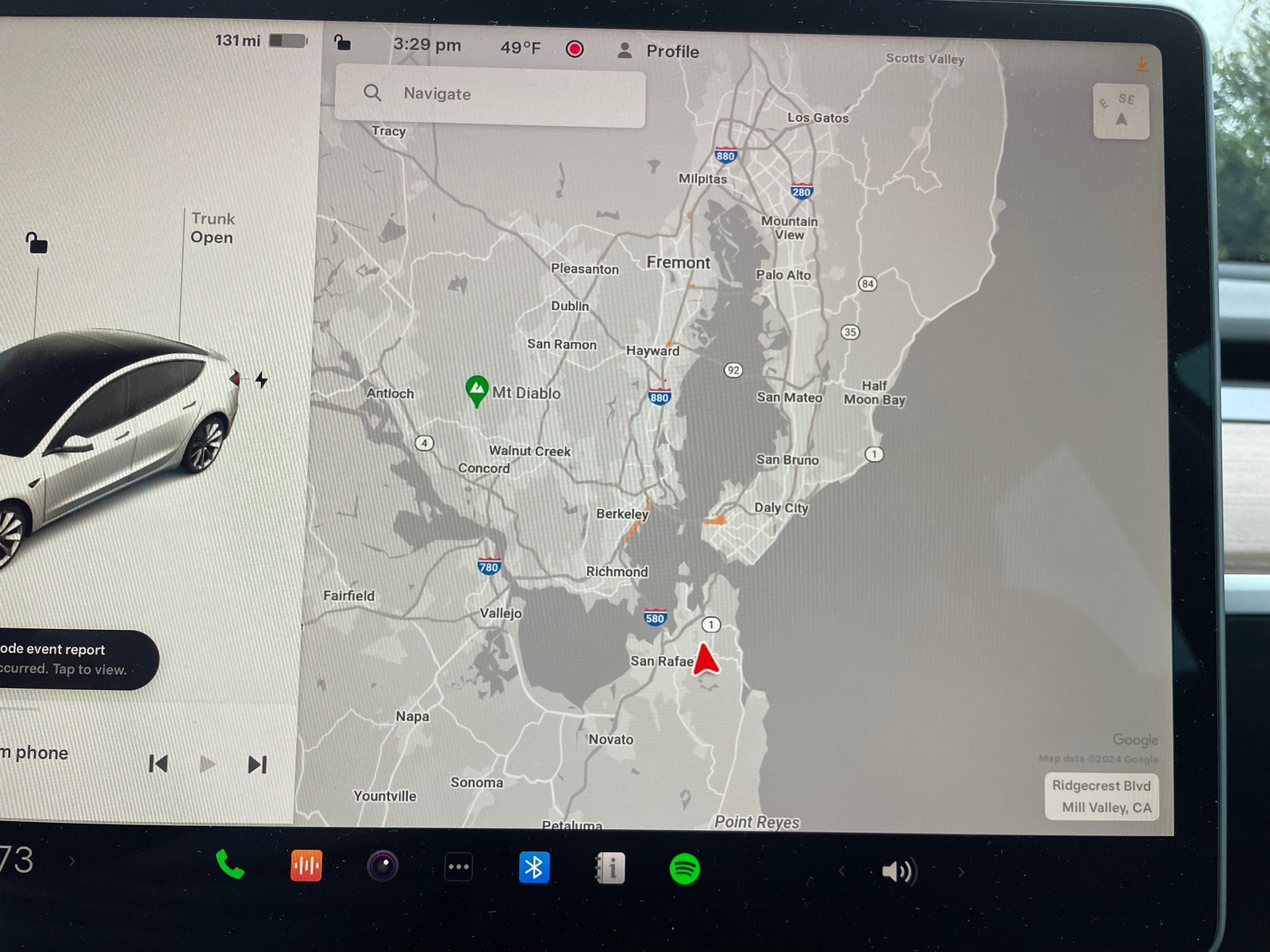 Operating location shown on map of Tesla Model 3 display